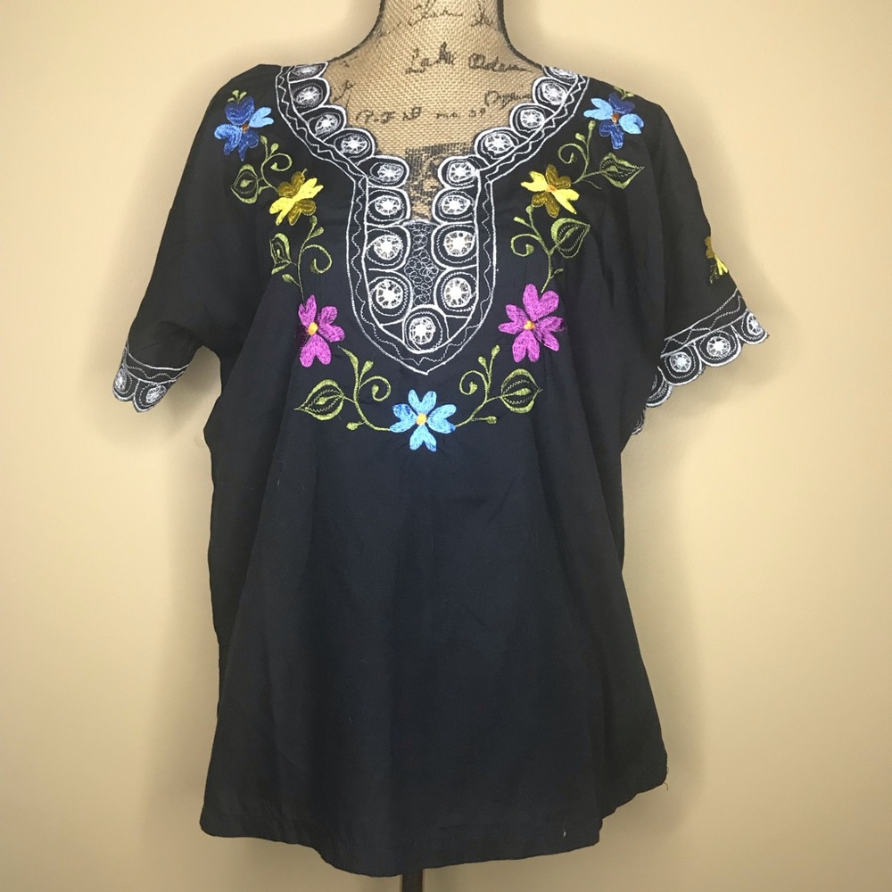 Embroidered Peasant Boho black blouse Sz L EUC